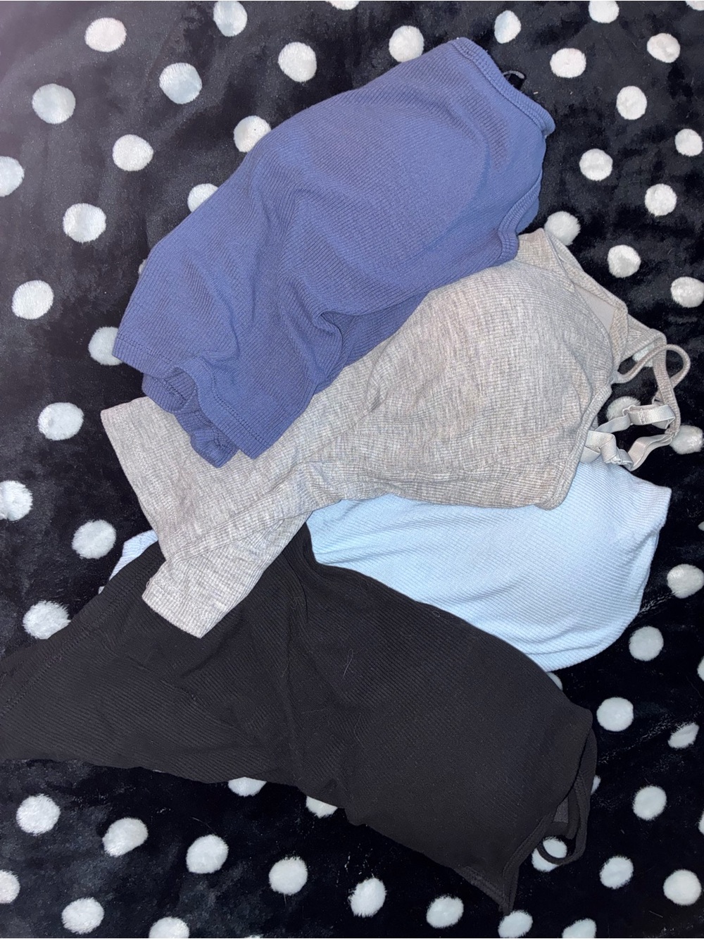 Black, Gray, Blue, Light Blue tank tops
